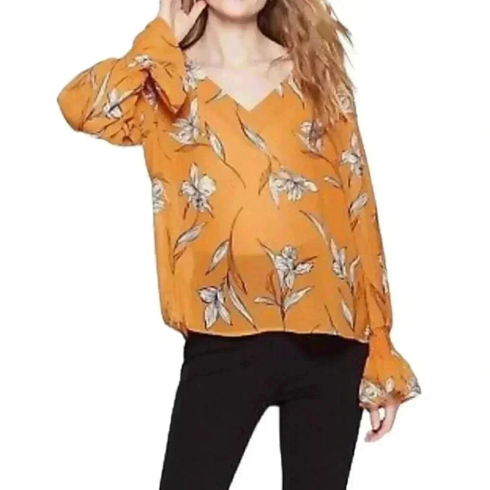 A New Day Floral Print Long Bell Sleeve V-Neck Blouse